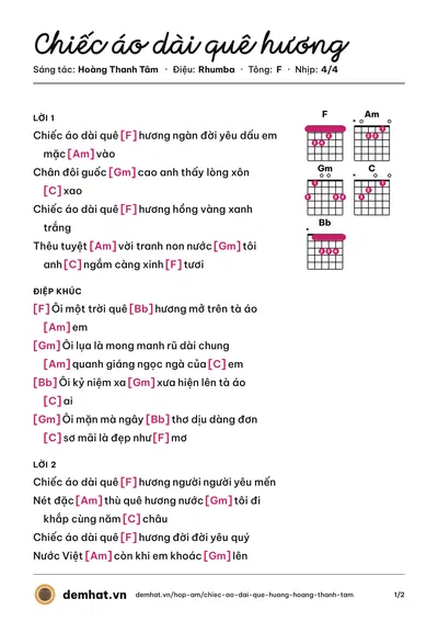 Hợp âm Chiếc áo dài quê hương (Hoàng Thanh Tâm) – bản nhạc PDF trang 1, tông F