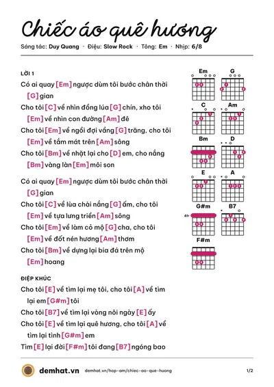 Hợp âm Chiếc áo quê hương (Duy Quang) – bản nhạc PDF trang 1, tông Em