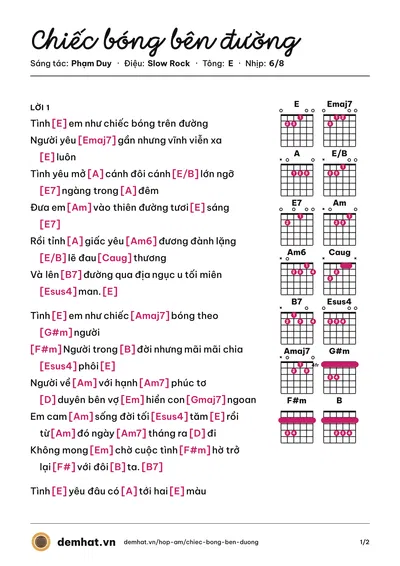 Hợp âm Chiếc bóng bên đường (Elvis Phương) – bản nhạc PDF trang 1, tông E