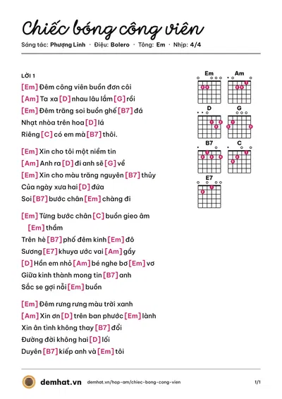 Hợp âm Chiếc bóng công viên (Tâm Đoan) – bản nhạc PDF trang 1, tông Em