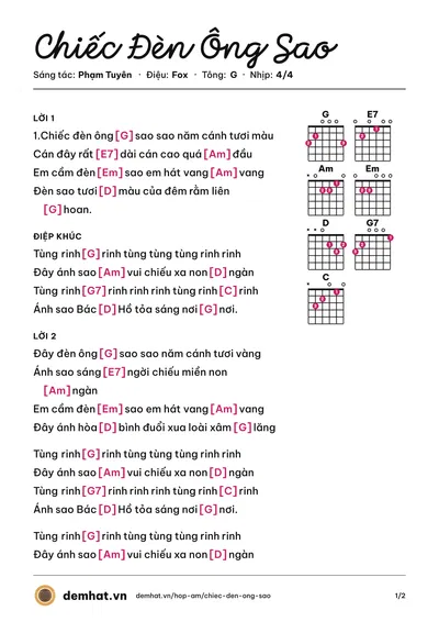 Hợp âm Chiếc Đèn Ông Sao (Tốp ca thiếu nhi) – bản nhạc PDF trang 1, tông G