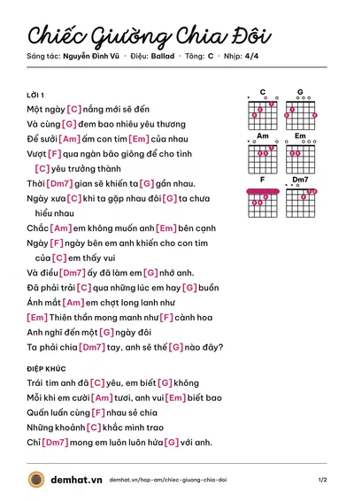 Hợp âm Chiếc Giường Chia Đôi (Nguyễn Đình Vũ) – bản nhạc PDF trang 1, tông C
