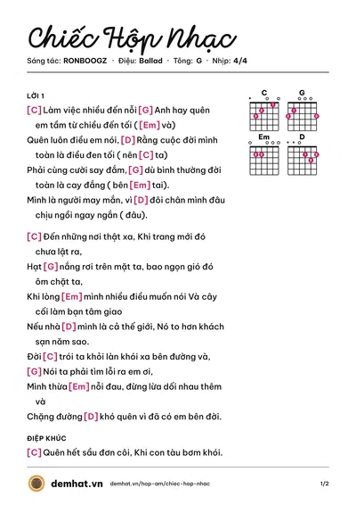 Hợp âm Chiếc Hộp Nhạc (RONBOOGZ) – bản nhạc PDF trang 1, tông G