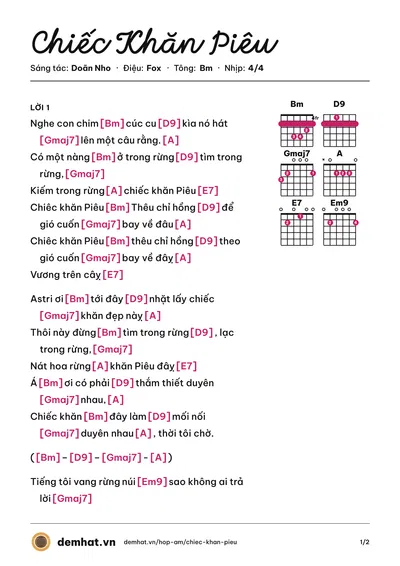 Hợp âm Chiếc Khăn Piêu (Tùng Dương) – bản nhạc PDF trang 1, tông Bm