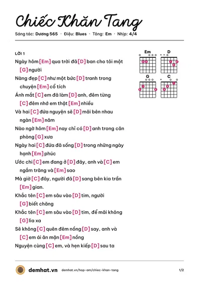 Hợp âm Chiếc Khăn Tang (Dương 565) – bản nhạc PDF trang 1, tông Em