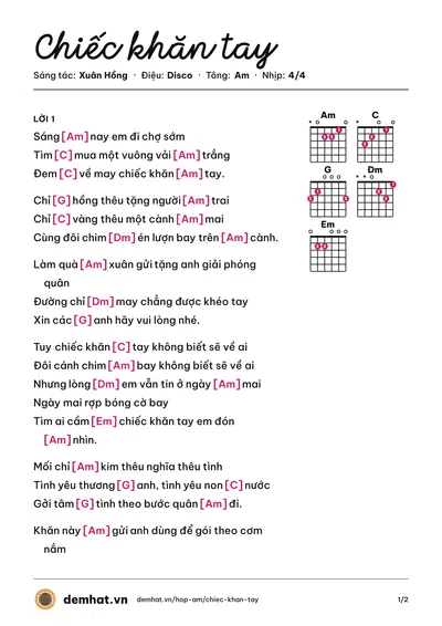 Hợp âm Chiếc khăn tay (Cẩm Ly) – bản nhạc PDF trang 1, tông Am
