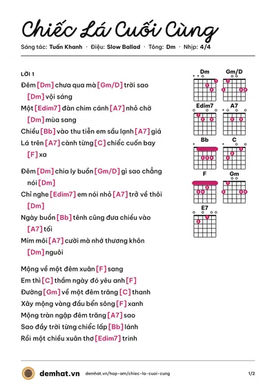Hợp âm Chiếc Lá Cuối Cùng (Lệ Quyên) – bản nhạc PDF trang 1, tông Dm