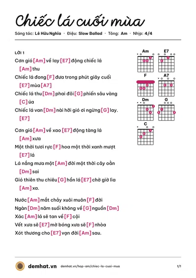 Hợp âm Chiếc lá cuối mùa (Quang Châu) – bản nhạc PDF trang 1, tông Am