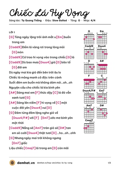 Hợp âm Chiếc Lá Hy Vọng (Tạ Quang Thắng) – bản nhạc PDF trang 1, tông G
