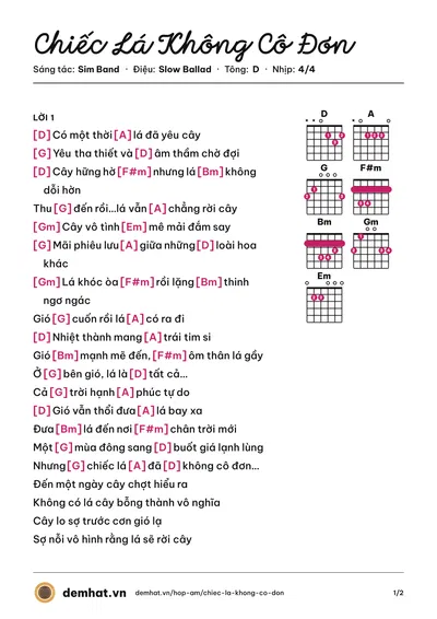 Hợp âm Chiếc Lá Không Cô Đơn (Sim Band) – bản nhạc PDF trang 1, tông D