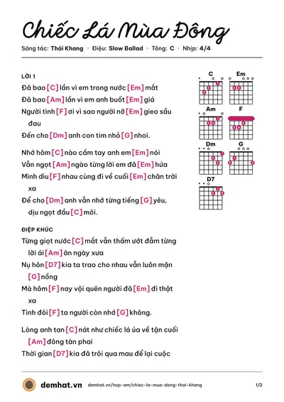 Hợp âm Chiếc Lá Mùa Đông (Vân Quang Long) – bản nhạc PDF trang 1, tông C