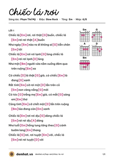 Hợp âm Chiếc lá rơi (Miên Đức Thắng (trước 75)) – bản nhạc PDF trang 1, tông Em