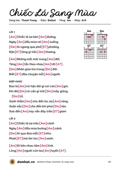 Hợp âm Chiếc Lá Sang Mùa (Hồng Tước) – bản nhạc PDF trang 1, tông Am