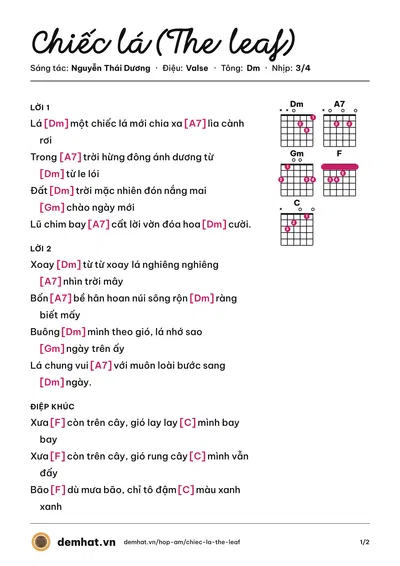 Hợp âm Chiếc lá (The leaf) (Nguyễn Thái Dương) – bản nhạc PDF trang 1, tông Dm