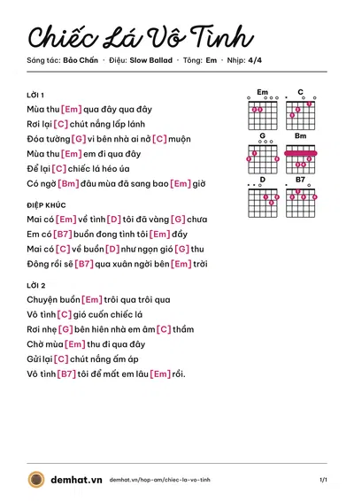 Hợp âm Chiếc Lá Vô Tình (Hồng Nhung) – bản nhạc PDF trang 1, tông Em