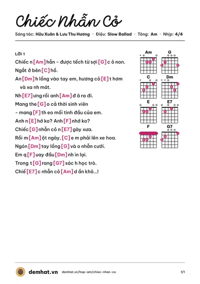 Hợp âm Chiếc Nhẫn Cỏ (Mỹ Tâm) – bản nhạc PDF trang 1, tông Am
