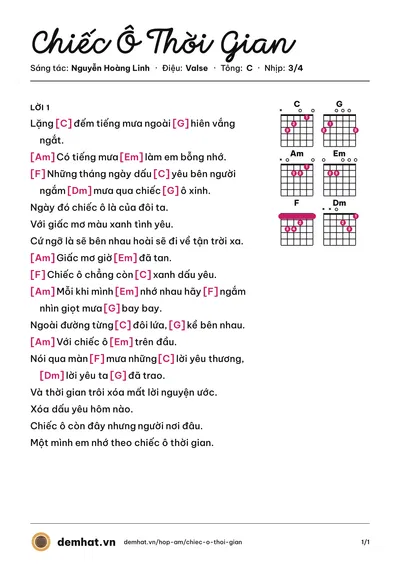 Hợp âm Chiếc Ô Thời Gian (Thu Thủy) – bản nhạc PDF trang 1, tông C