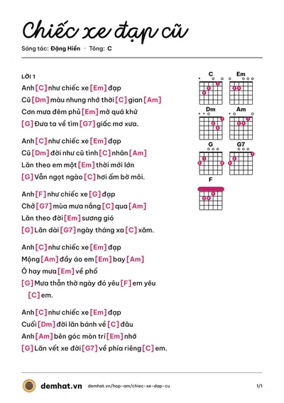 Hợp âm Chiếc xe đạp cũ (Dzoãn Minh) – bản nhạc PDF trang 1, tông C