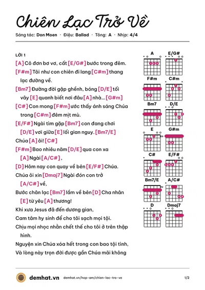 Hợp âm Chiên Lạc Trở Về (Bằng Kiều) – bản nhạc PDF trang 1, tông A