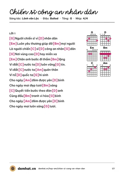 Hợp âm Chiến sĩ công an nhân dân (Lãnh Lộc) – bản nhạc PDF trang 1, tông G