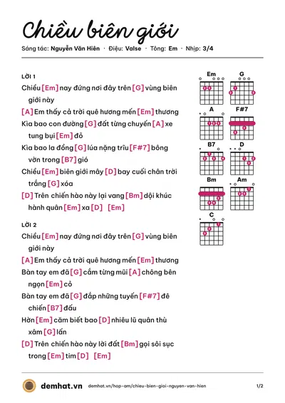 Hợp âm Chiều biên giới (Nguyễn Văn Hiên) – bản nhạc PDF trang 1, tông Em