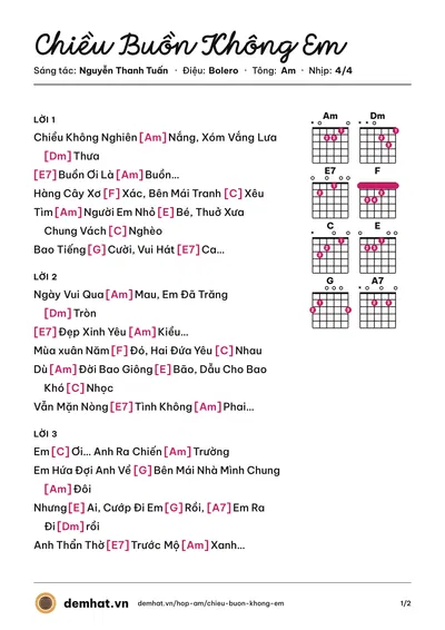 Hợp âm Chiều Buồn Không Em (Khang Lê) – bản nhạc PDF trang 1, tông Am