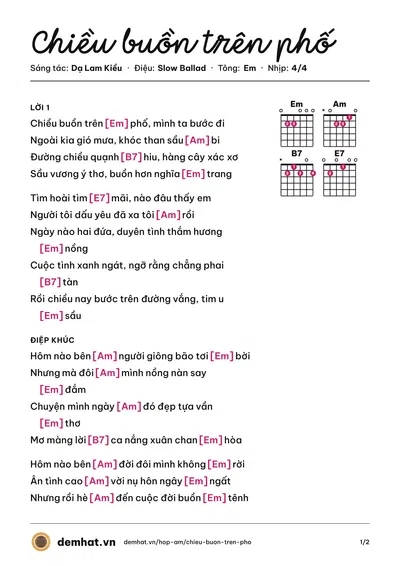 Hợp âm Chiều buồn trên phố (Dzoãn Minh) – bản nhạc PDF trang 1, tông Em