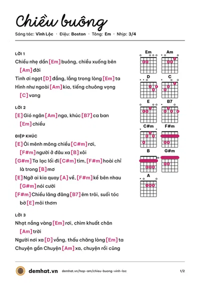 Hợp âm Chiều buông (Tuyết Mai) – bản nhạc PDF trang 1, tông Em