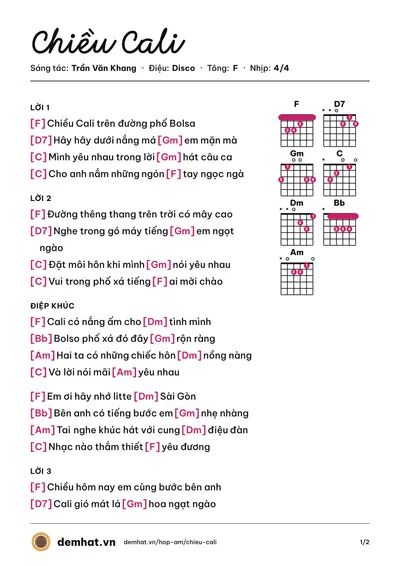 Hợp âm Chiều Cali (Tuấn Huy) – bản nhạc PDF trang 1, tông F