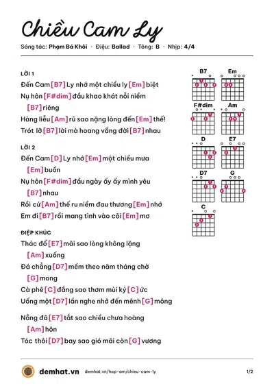 Hợp âm Chiều Cam Ly (Thanh Tùng) – bản nhạc PDF trang 1, tông B
