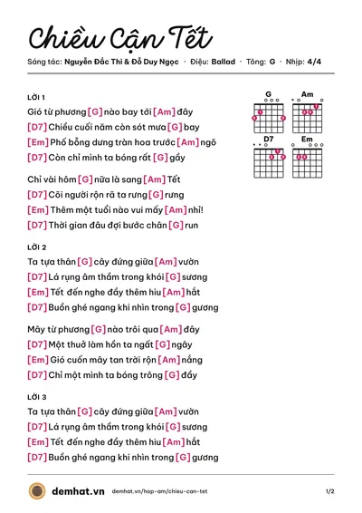 Hợp âm Chiều Cận Tết (Nguyễn Đắc Thi) – bản nhạc PDF trang 1, tông G