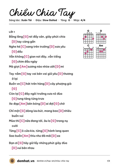 Hợp âm Chiều Chia Tay (Xuân Tài) – bản nhạc PDF trang 1, tông G