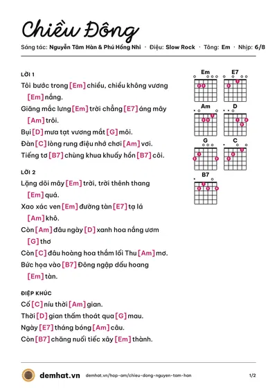 Hợp âm Chiều Đông (Bích Ngọc) – bản nhạc PDF trang 1, tông Em