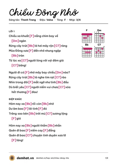 Hợp âm Chiều Đông Nhớ (Vũ Trung Hiền) – bản nhạc PDF trang 1, tông F