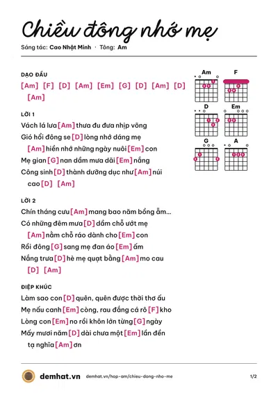 Hợp âm Chiều đông nhớ mẹ (Trường Sơn) – bản nhạc PDF trang 1, tông Am