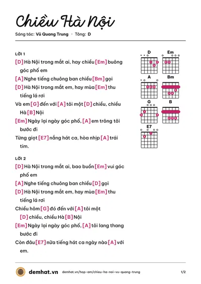 Hợp âm Chiều Hà Nội (Vũ Quang Trung) – bản nhạc PDF trang 1, tông D