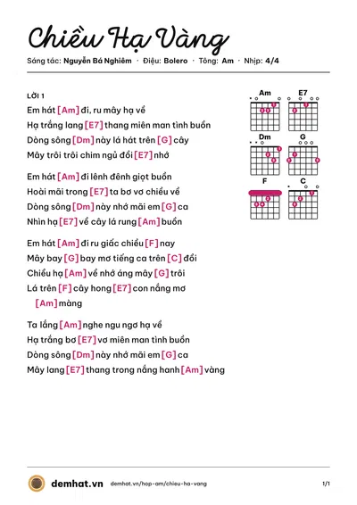 Hợp âm Chiều Hạ Vàng (Bảo Yến) – bản nhạc PDF trang 1, tông Am