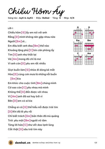 Hợp âm Chiều Hôm Ấy (JayK) – bản nhạc PDF trang 1, tông G