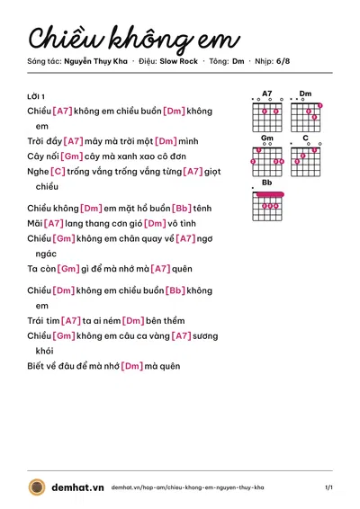 Hợp âm Chiều không em (Mỹ Hạnh) – bản nhạc PDF trang 1, tông Dm