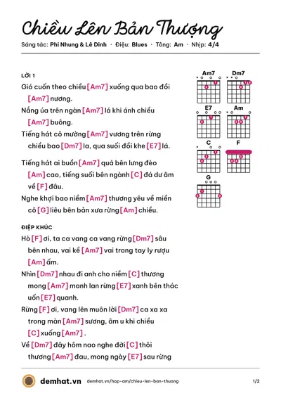 Hợp âm Chiều Lên Bản Thượng (Phi Nhung) – bản nhạc PDF trang 1, tông Am