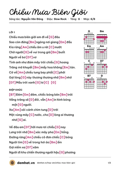 Hợp âm Chiều Mưa Biên Giới (Thanh Tuyền) – bản nhạc PDF trang 1, tông G