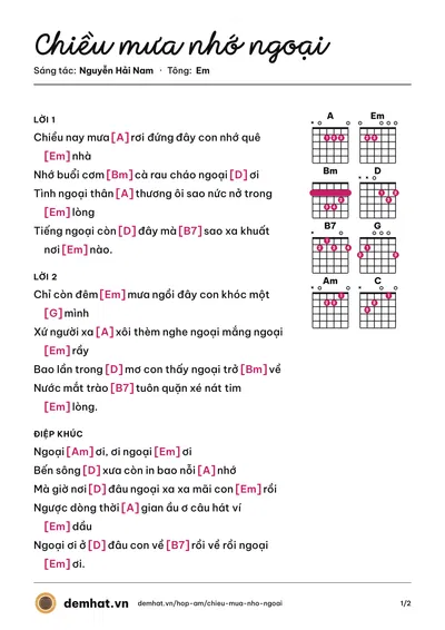 Hợp âm Chiều mưa nhớ ngoại (Henry Lý) – bản nhạc PDF trang 1, tông Em