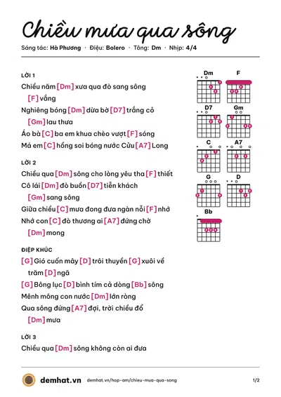 Hợp âm Chiều mưa qua sông (Tuấn Vũ) – bản nhạc PDF trang 1, tông Dm