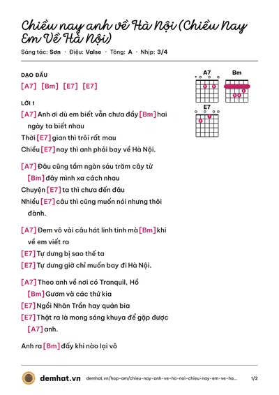 Hợp âm Chiều nay anh về Hà Nội (Chiều Nay Em Về Hà Nội) (Hạnh Ngân) – bản nhạc PDF trang 1, tông A