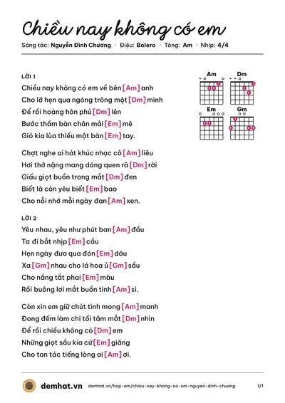 Hợp âm Chiều nay không có em (Nguyễn Đình Chương) – bản nhạc PDF trang 1, tông Am