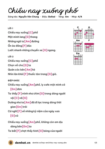 Hợp âm Chiều nay xuống phố (Nguyễn Văn Chung) – bản nhạc PDF trang 1, tông Am