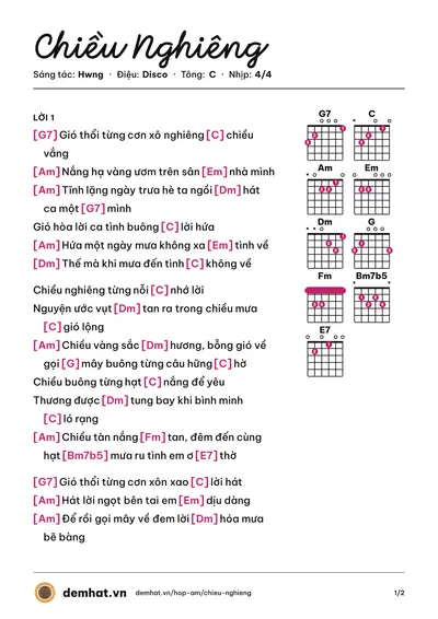 Hợp âm Chiều Nghiêng (Hwng) – bản nhạc PDF trang 1, tông C
