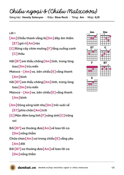 Hợp âm Chiều ngoại ô (Chiều Matxcơva) (Quang Huy) – bản nhạc PDF trang 1, tông Am