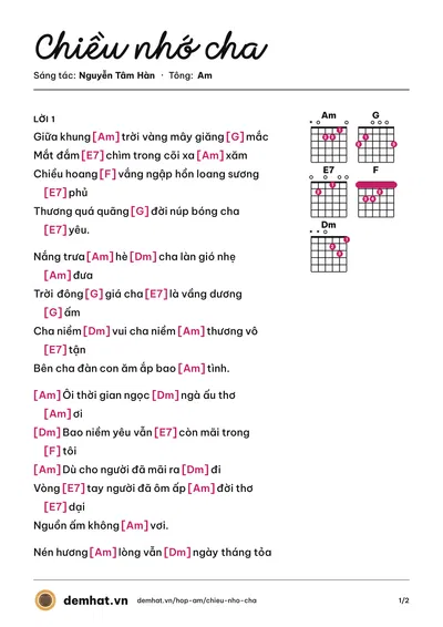 Hợp âm Chiều nhớ cha (Hà Thanh) – bản nhạc PDF trang 1, tông Am