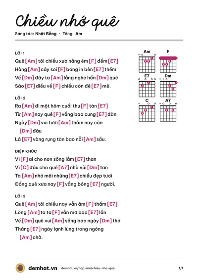 Hợp âm Chiều nhớ quê (Nhật Bằng) – bản nhạc PDF trang 1, tông Am